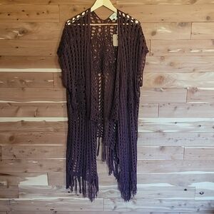 Love Crochet Fringe Cardigan, Size S, Plum Purple, Soft, 100% Cotton
